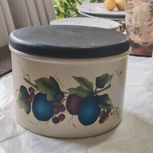 Robinson Rasbotin canister with wooden lid. A crock adorned with Plums sz medium